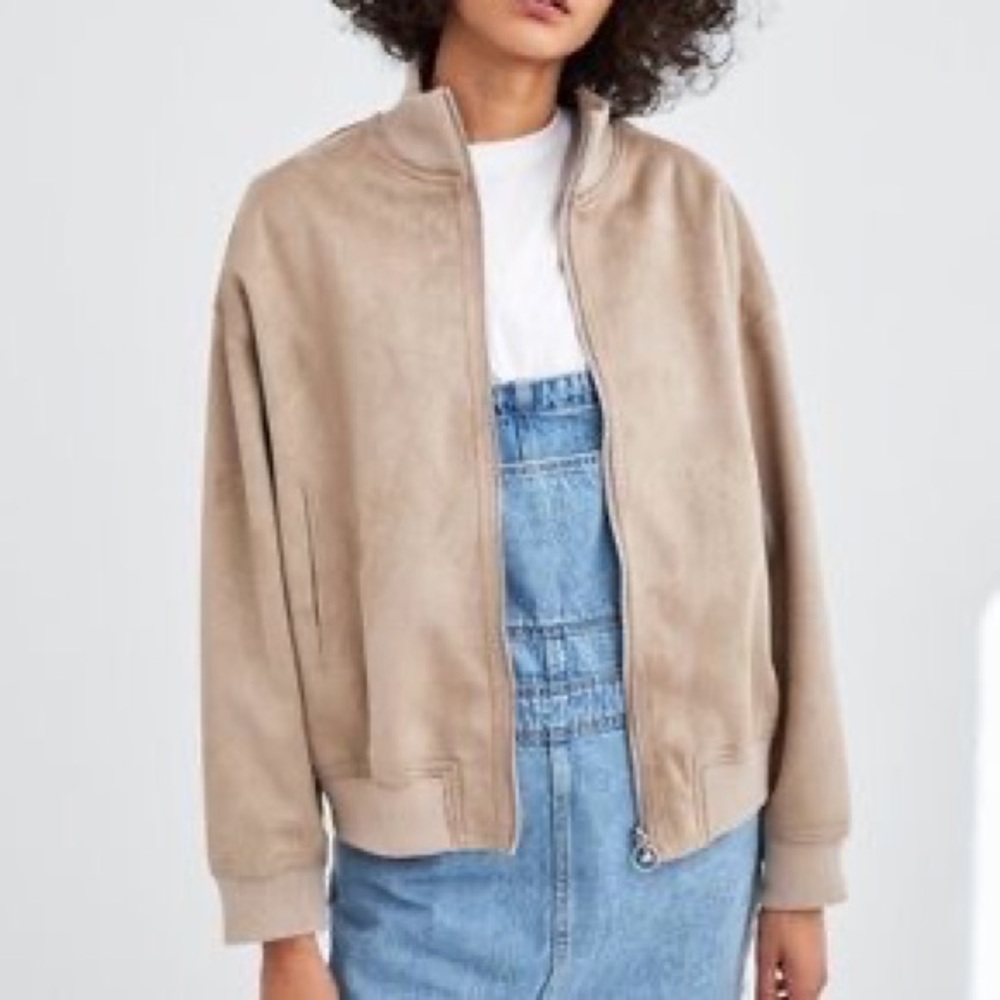 Zara Taupe Suede-Look Bomber Jacket